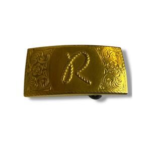 Hickok USA Vintage "R" Rope Tooled Belt Buckle Goldtone 2" x 1"